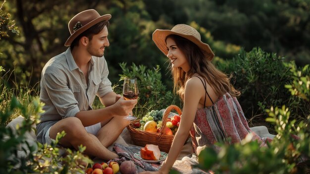 Romantic couple sitting on a picnic with fruits and wine in the forest