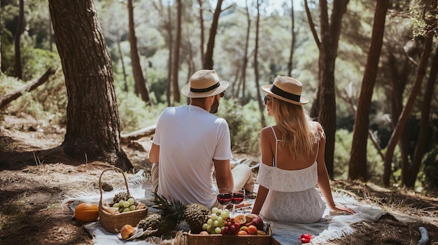 Romantic couple sitting on a picnic with fruits and wine in the forest