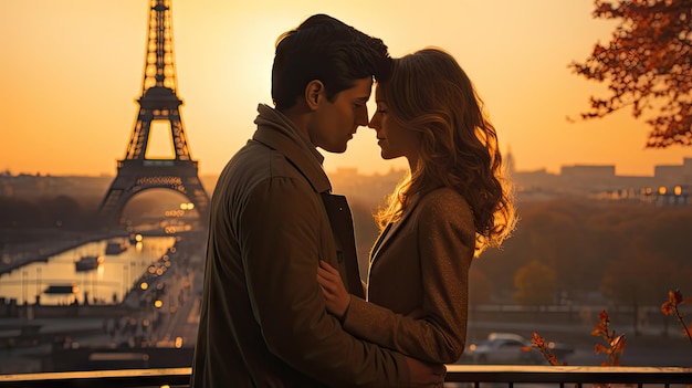 Photo romantic couple standing close in paris eiffel tower in the background during sunset