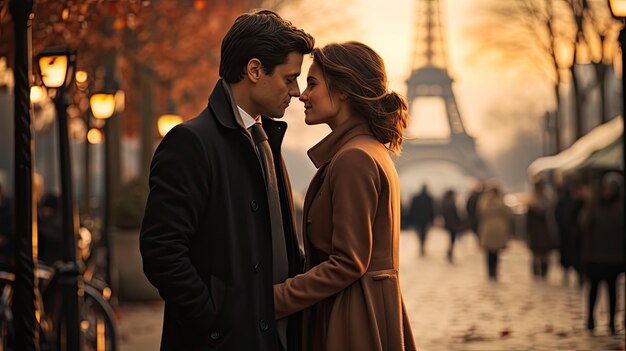 Photo romantic couple standing close in paris eiffel tower in the background during sunset