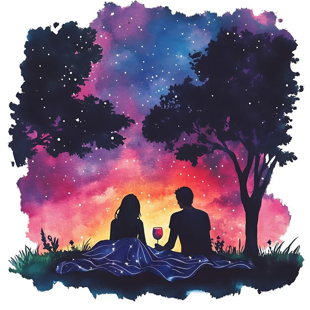 Photo romantic couple under a starry sky watercolor painting