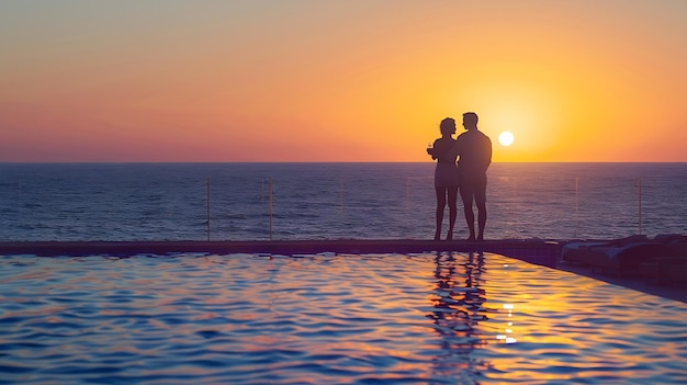 Photo a romantic couple on summer vacation enjoys the beautiful sunset behind the mediterr generative ai