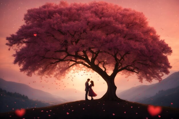 A romantic couple under a tree with valentines themes