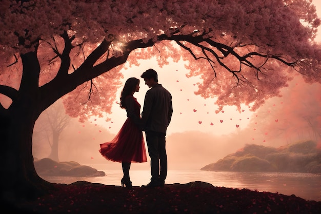 A romantic couple under a tree with valentines themes