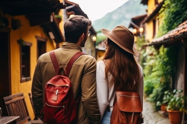 Photo romantic couple walking hand in hand down quaint small town street