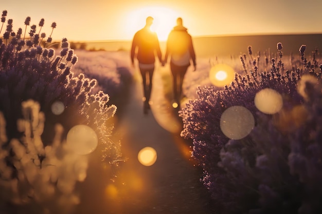 A romantic couple walking hand in hand through a beautiful lavender field during a sunset.