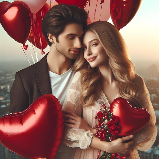 Romantic Couple with Heart Balloons