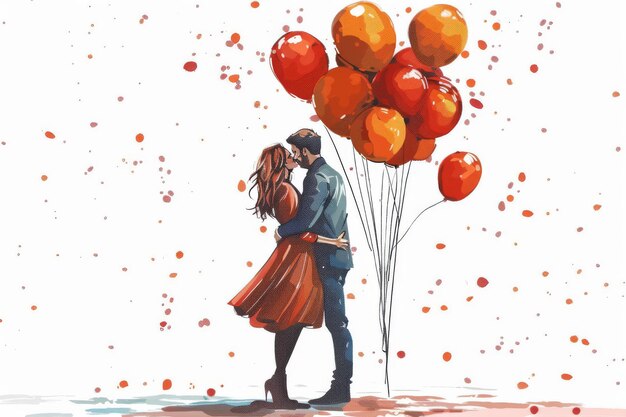 Photo romantic couple with heartshaped balloons digital illustration capturing love and celebration in a