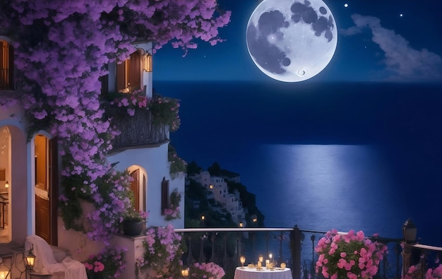 Romantic date place with full moon Generative AI Illustration