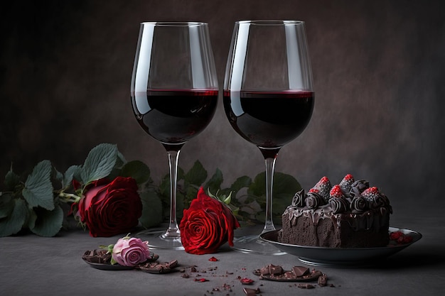 For a romantic date or Valentines Day supper wine glasses filled with red wine and red rose flowers