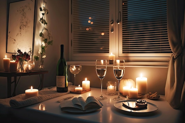 Romantic date with table and wine in bathroom with candles created with generative ai