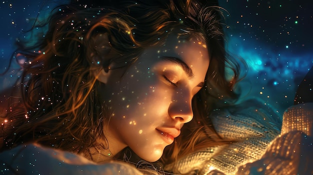 A romantic depiction of a woman with her partner under a starry sky emphasizing love intimacy