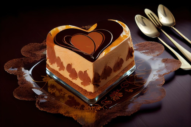 Romantic dessert in shape of heartshaped tiramisu with decorations on glass plate