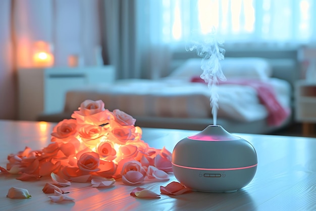 Romantic diffuser with rose oil in soft focus creating an intimate and romantic setting