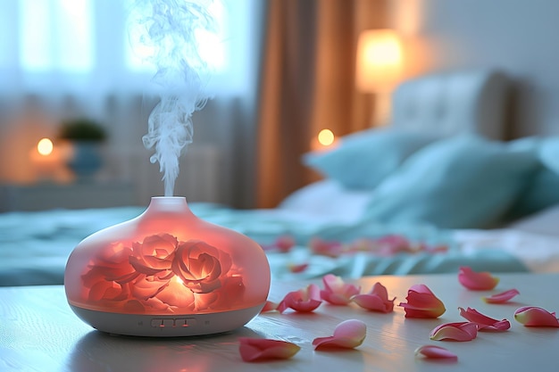 Romantic diffuser with rose oil in soft focus creating an intimate and romantic setting