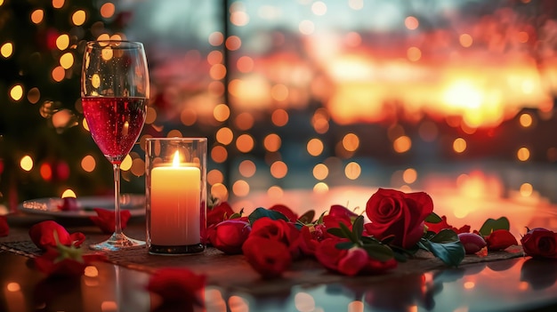 Romantic dinner ambiance with sparkling wine lit candle and red roses against a backdrop of warm bok