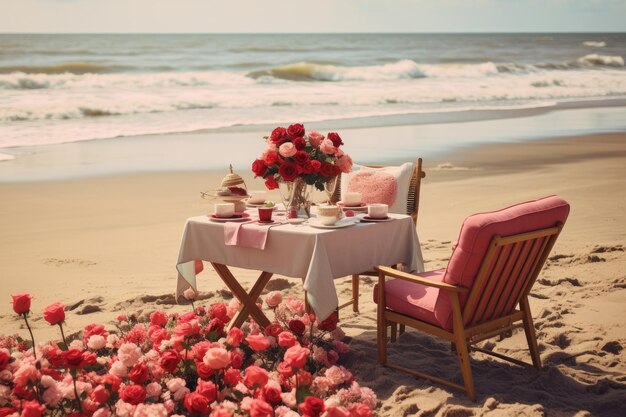 Photo romantic dinner on the beach in vintage style vintage tone a beach set up for a special mothers day outing ai generated