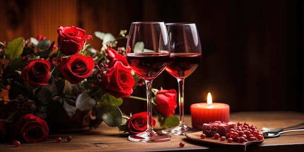 Romantic dinner Bouquet of flowers lying on the table two glasses of red wine and candles