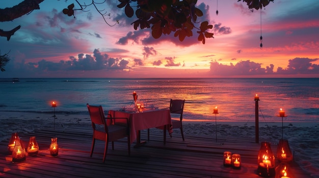 Photo a romantic dinner by the ocean with a sunset in the background the table is set with candles and a white tablecloth