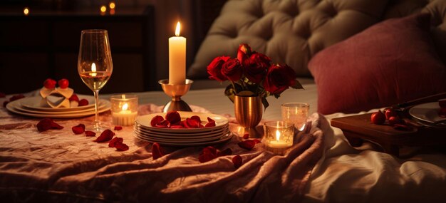 a romantic dinner at home with candles soft music