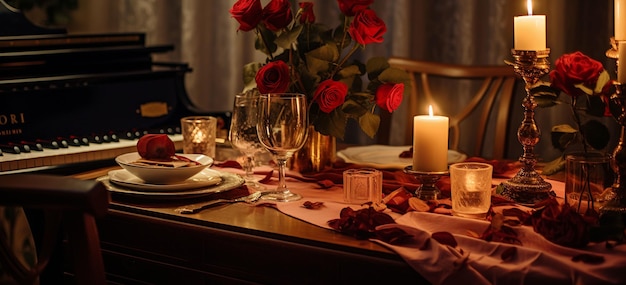 a romantic dinner at home with candles soft music