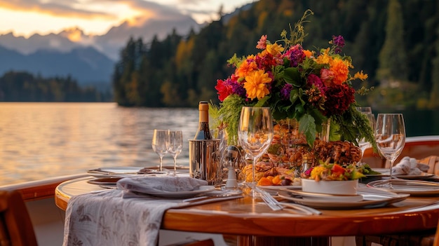 Photo romantic dinner on a lake with mountain views at sunset