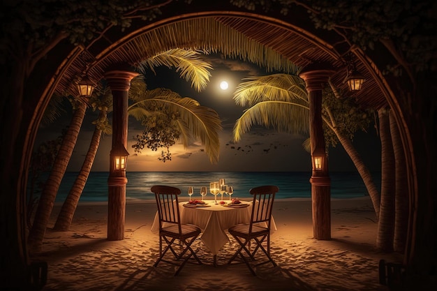 A romantic dinner set up on a beach with a breathtaking ocean view in the backgroundGenerative of AI