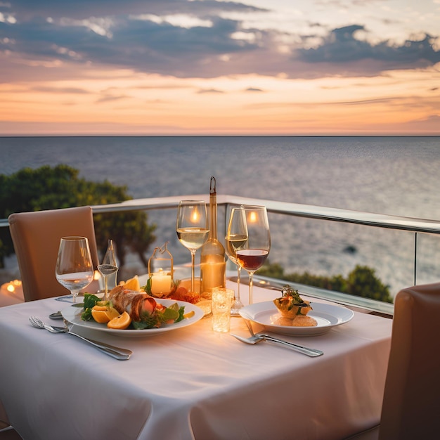 Photo romantic dinner setting on a luxury restaurant table with food and glass sunset over sea or ocean