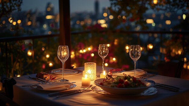 Photo romantic dinner setting with candlelight and city view at dusk