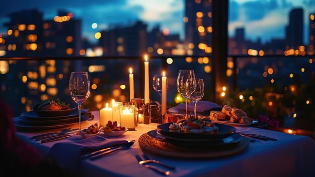 Photo romantic dinner setting with candles and city skyline at dusk