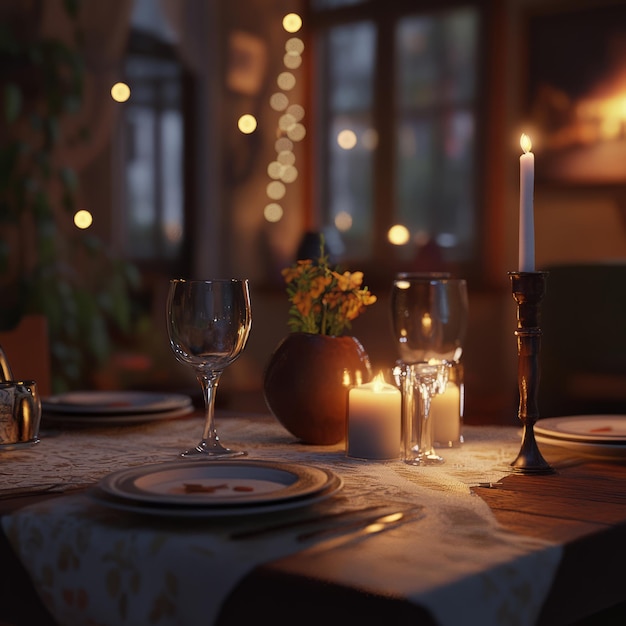 Photo romantic dinner setting with candles wine glasses and flowers on a wooden table