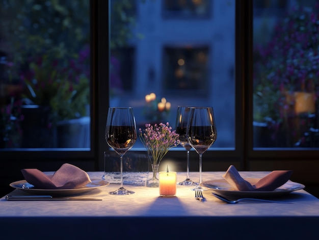 Romantic dinner setting with two glasses of red wine candle and flowers on the table