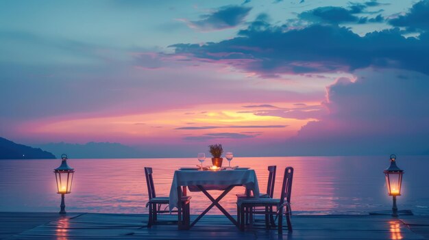 Photo romantic dinner setup for a couple at a beautiful travel destination