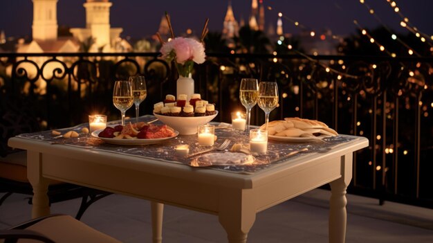 Photo romantic dinner table set on a balcony at night