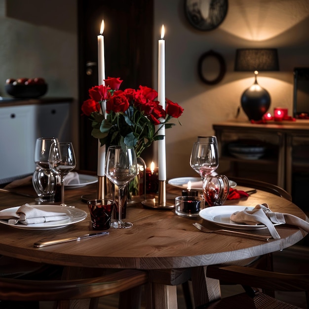 Romantic dinner table setting with candles roses and wine glasses