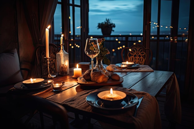 Romantic dinner for two with candlelit ambiance and delicious food created with generative ai