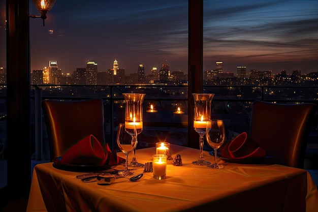 Romantic dinner for two with candles on the table and view of the city skyline