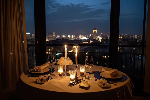 Romantic dinner for two with candles on the table and view of the city skyline