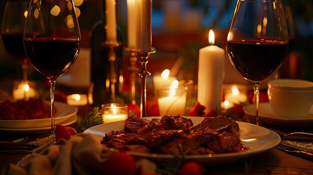 Romantic dinner with glass of wine and meat dish Background concept