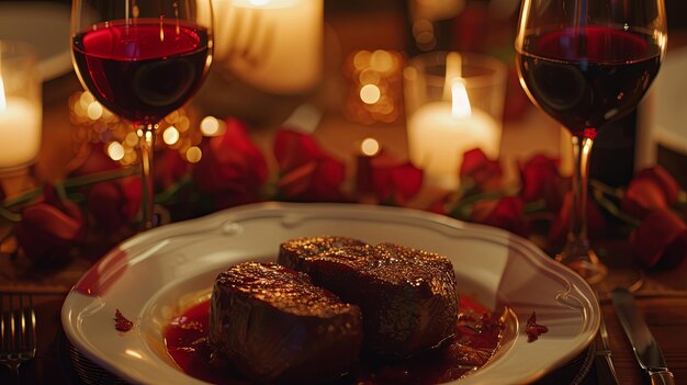 Romantic dinner with glass of wine and meat dish Background concept