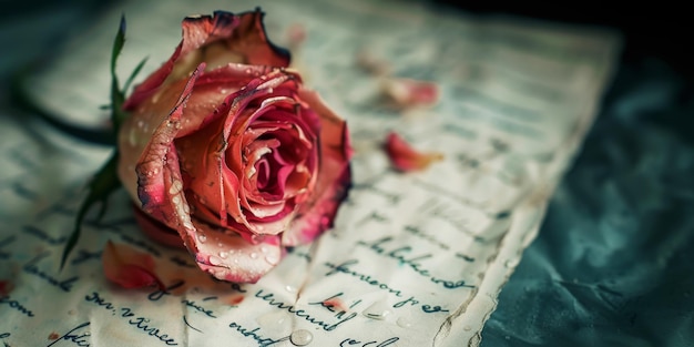 Photo romantic dried rose on vintage handwritten letters with water drops