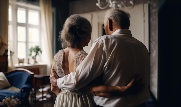 Romantic elderly married couple wife and husband dancing to music together in the living room generative AI