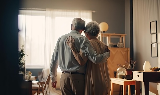 Romantic elderly married couple wife and husband dancing to music together in the living room generative AI