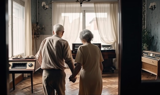 Romantic elderly married couple wife and husband dancing to music together in the living room generative AI