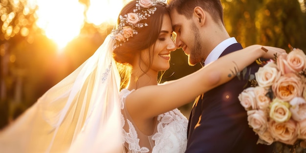 A romantic embrace between the bride and groom