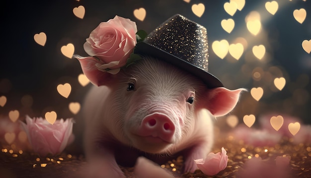 romantic enamored pig with roses on valentines day, digital illustration