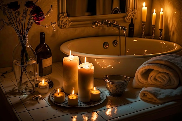 Romantic evening in bathroom with candles and cones on table created with generative ai