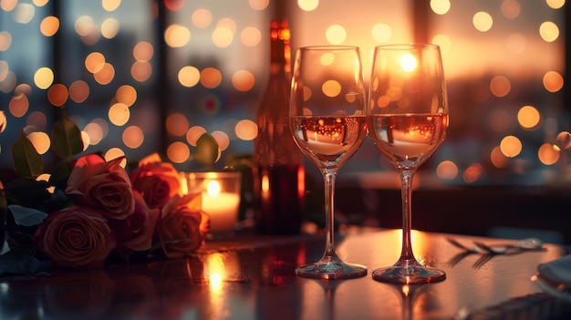 Romantic Evening Dinner Table With Wine Glasses and Roses