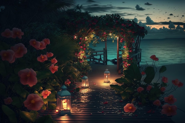 Romantic evening in the gazebo by the sea Evening sunset lanterns flowers and candles Romantic vacation by the sea Night seascape rest AI