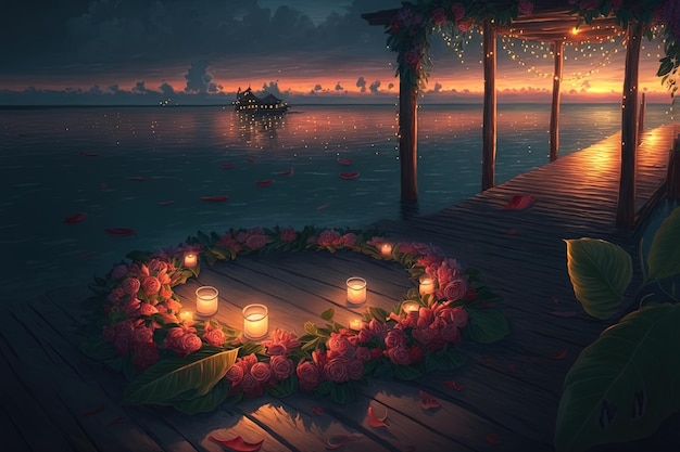 Romantic evening in the gazebo by the sea Evening sunset lanterns flowers and candles Romantic vacation by the sea Night seascape rest AI